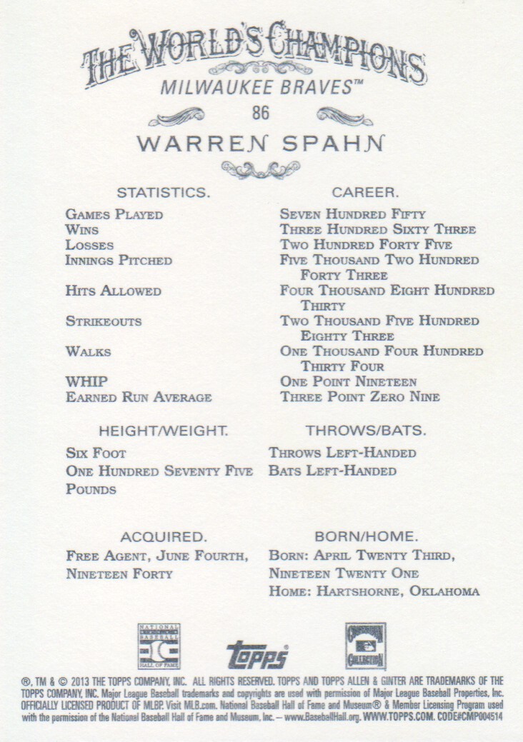 2013 Topps Allen and Ginter #86 Warren Spahn back image