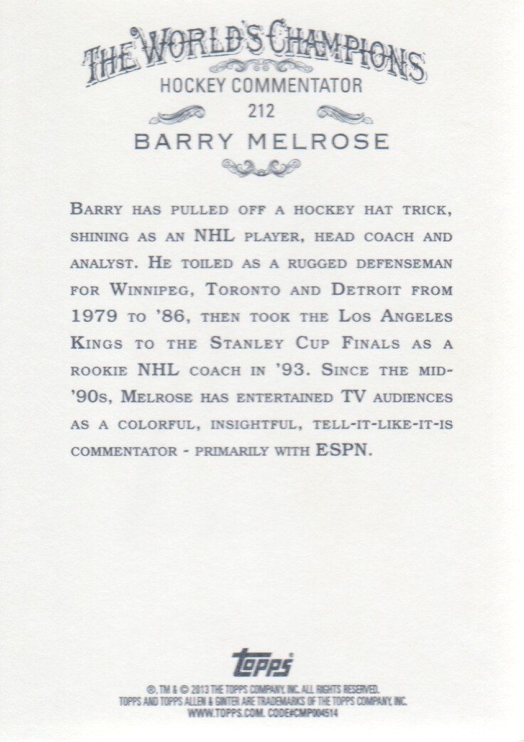 2013 Topps Allen and Ginter #212 Barry Melrose back image