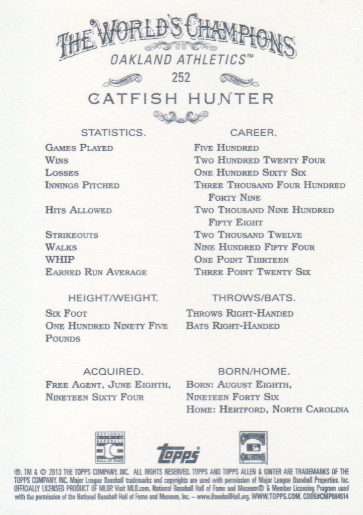 2013 Topps Allen and Ginter #252 Catfish Hunter back image