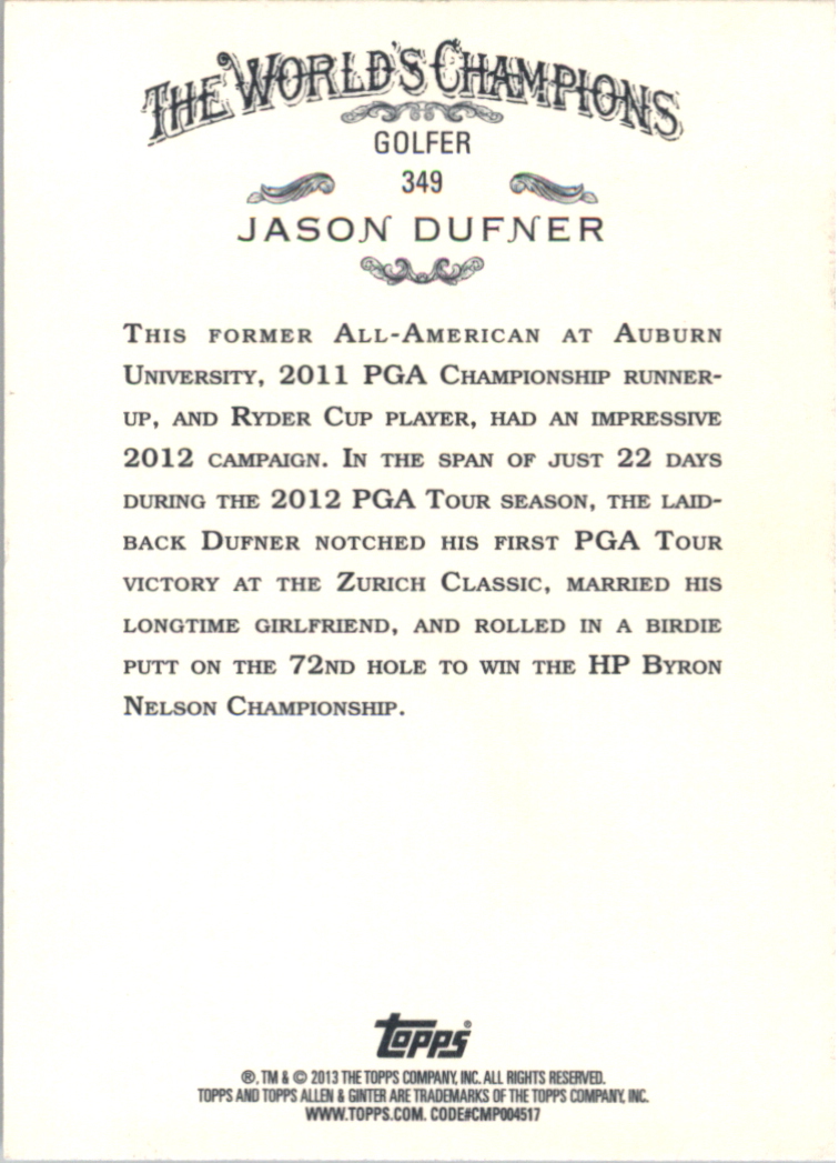 2013 Topps Allen and Ginter #349 Jason Dufner SP back image