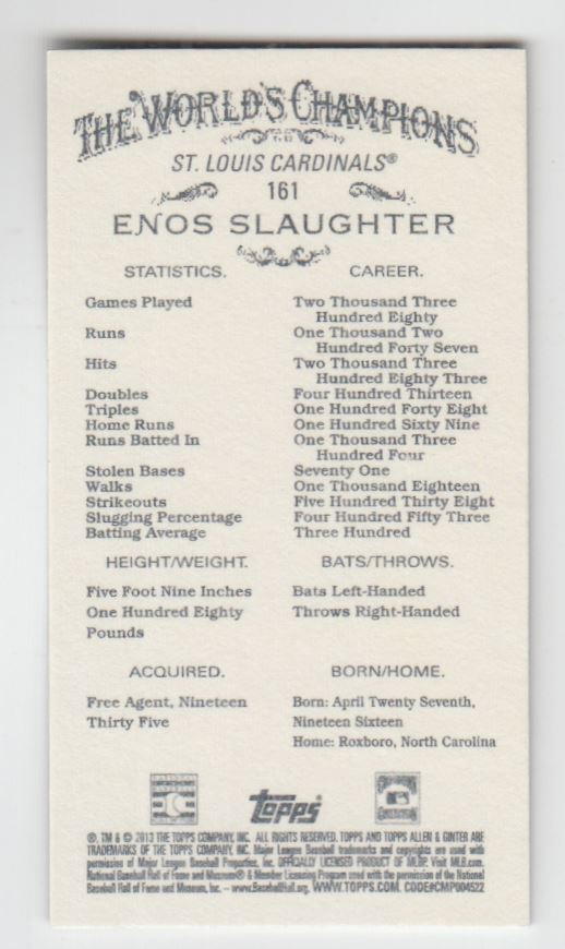 2013 Topps Allen and Ginter Mini Black #161 Enos Slaughter