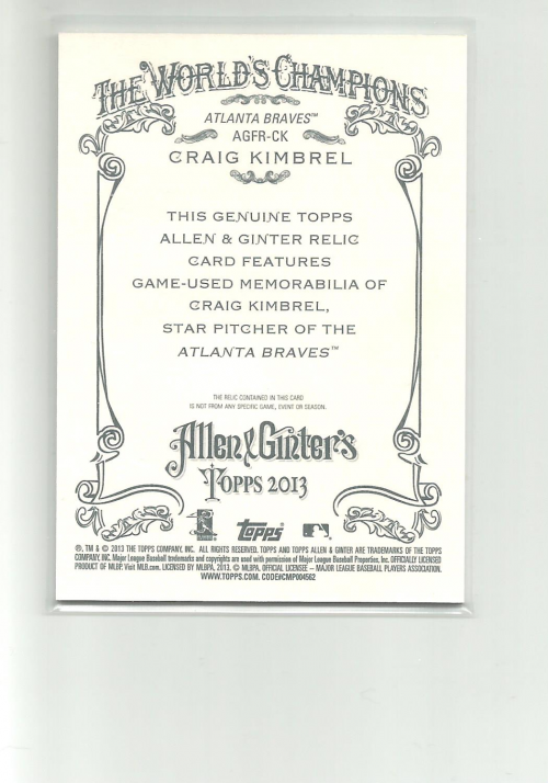 2013 Topps Allen and Ginter Relics #CK Craig Kimbrel back image