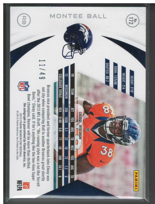 2013 Momentum Rookie Signatures Gold #172 Montee Ball/49 back image