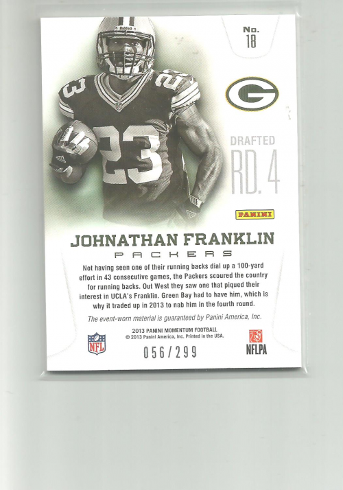 2013 Momentum Rookie Team Threads Triple Materials #18 Johnathan Franklin back image