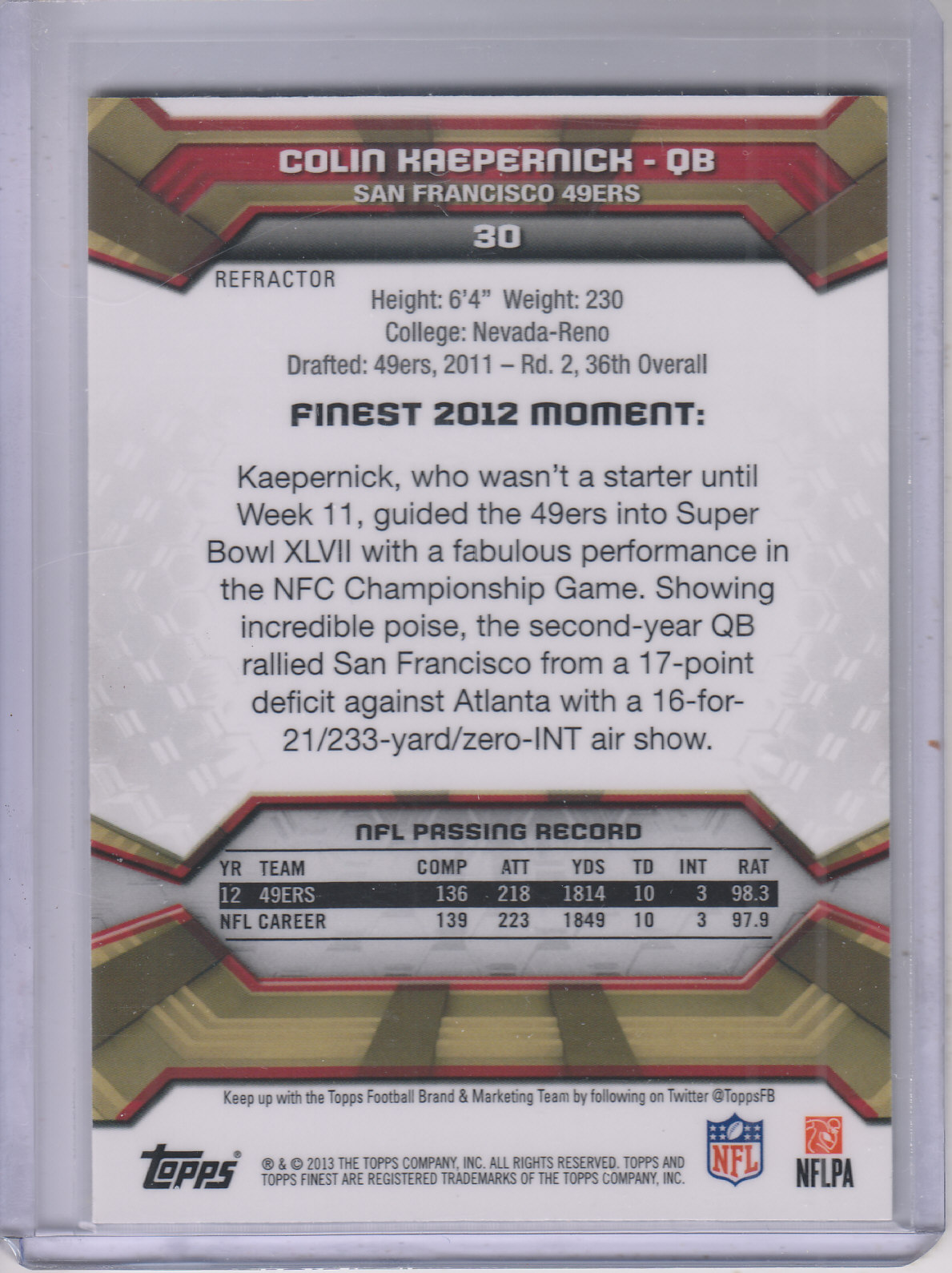 2013 Finest Refractors #30 Colin Kaepernick back image