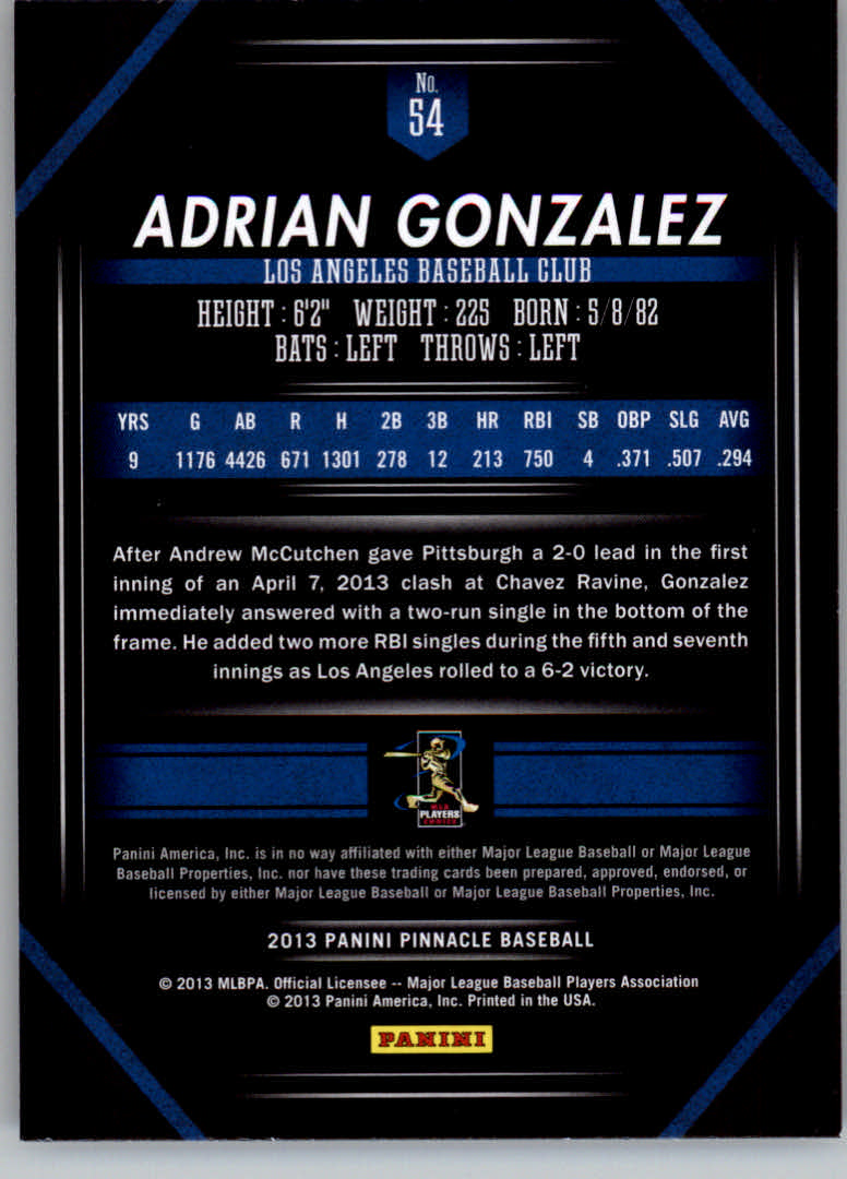 2013 Pinnacle #54 Adrian Gonzalez back image