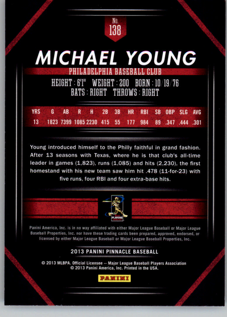 2013 Pinnacle #138 Michael Young back image
