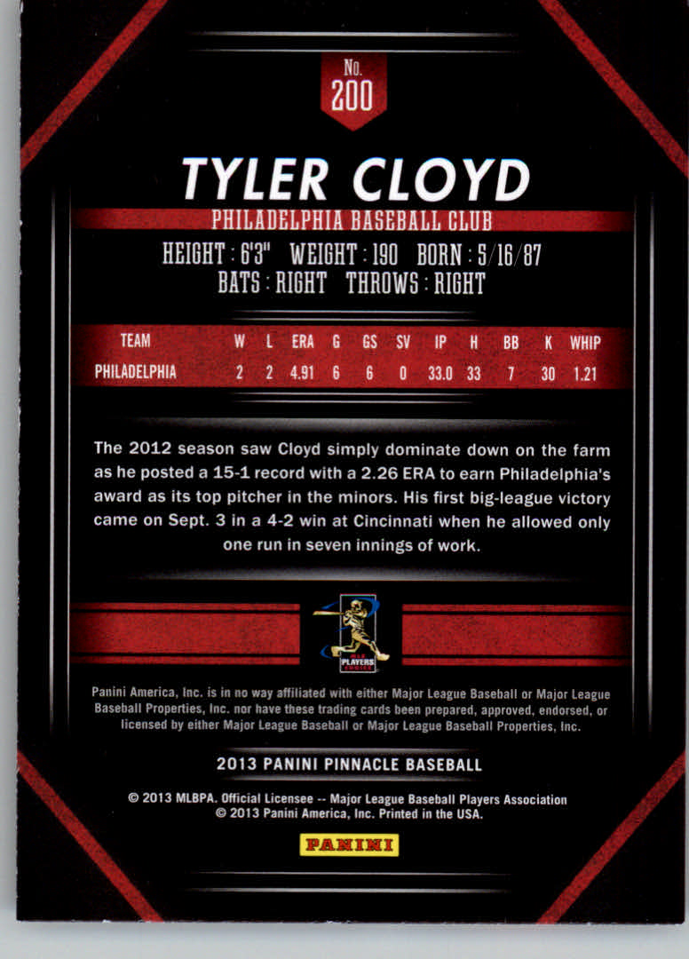 2013 Pinnacle #200 Tyler Cloyd RC back image