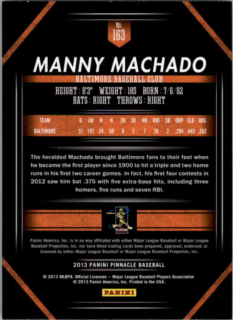 2013 Pinnacle Artists Proof #163 Manny Machado back image