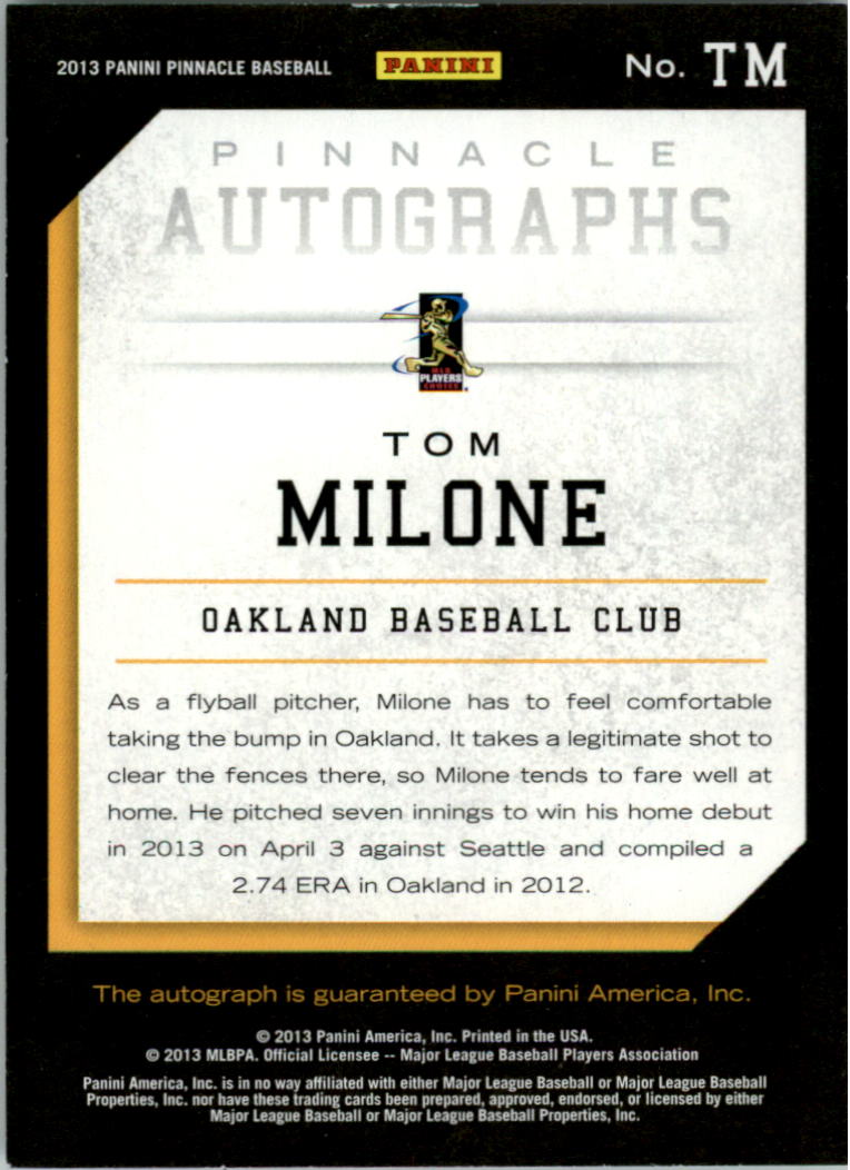 2013 Pinnacle Autographs #TM Tom Milone back image