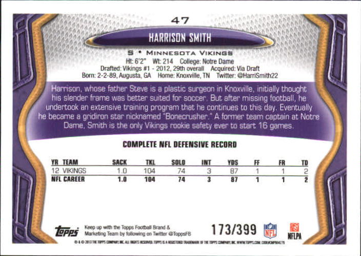 2013 Topps Pink #47 Harrison Smith back image