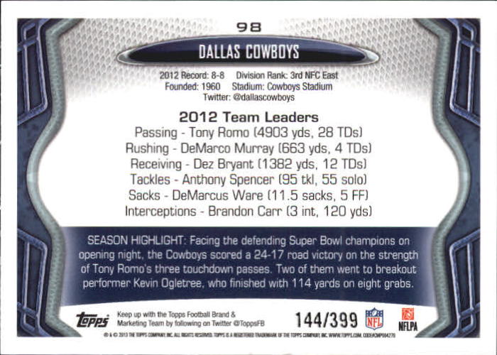 2013 Topps Pink #98 Dallas Cowboys/Tony Romo/DeMarco Murray/Dez Bryant/Tyron Smith back image