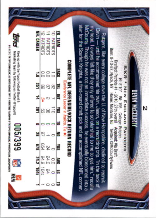 2013 Topps Camo #2 Devin McCourty back image