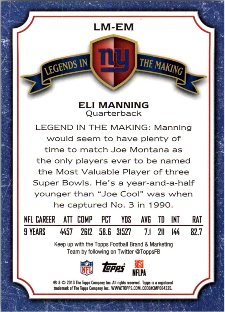 2013 Topps Legends In The Making #LMEM Eli Manning back image