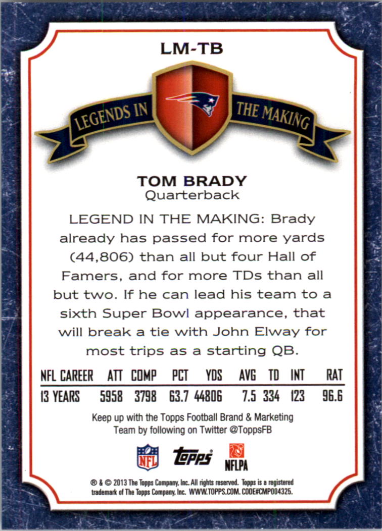 2013 Topps Legends In The Making #LMTB Tom Brady back image