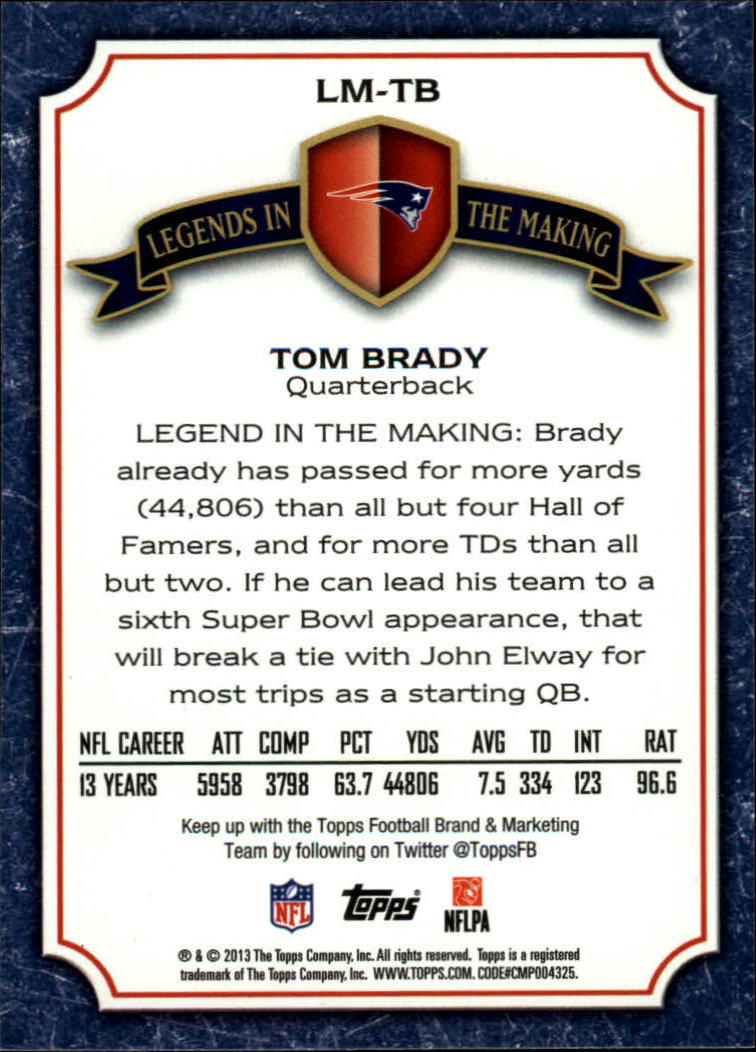 2013 Topps Legends In The Making #LMTB Tom Brady back image
