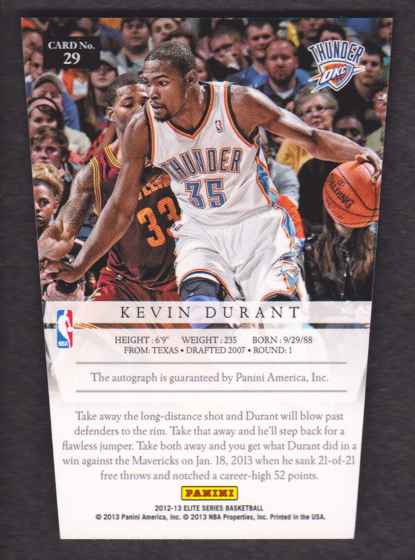 2012-13 Elite Series Aspirations Autographs #29 Kevin Durant/65 EXCH back image