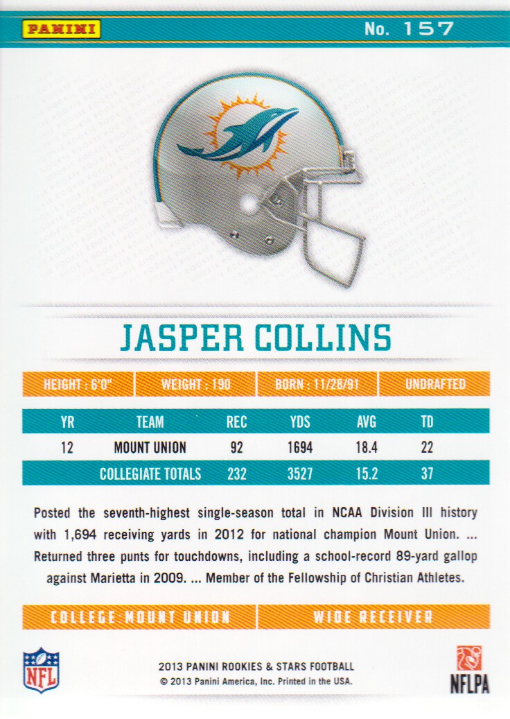 2013 Rookies and Stars #157 Jasper Collins RC back image
