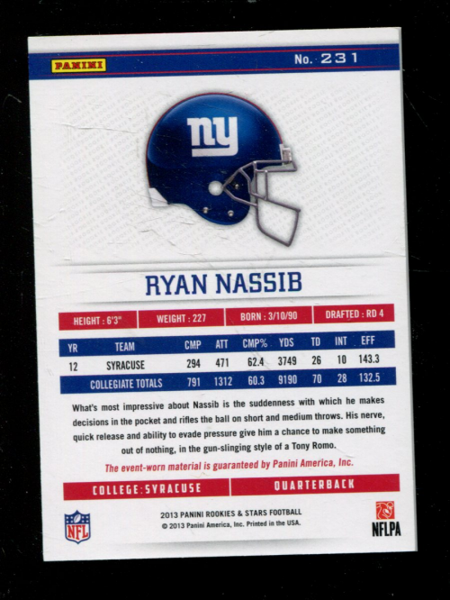 2013 Rookies and Stars #231 Ryan Nassib JSY back image