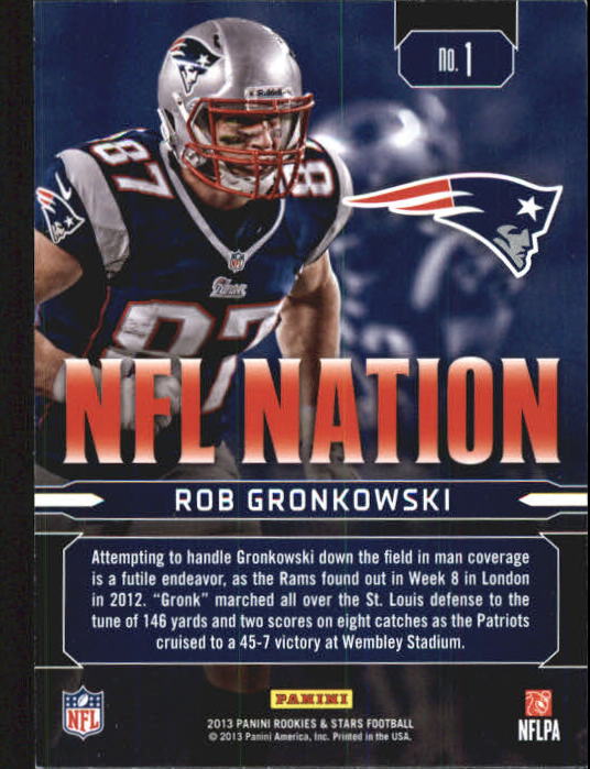 2013 Rookies and Stars NFL Nation #1 Rob Gronkowski back image