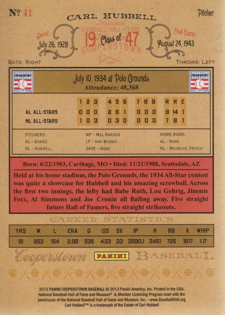 2013 Panini Cooperstown #41 Carl Hubbell back image