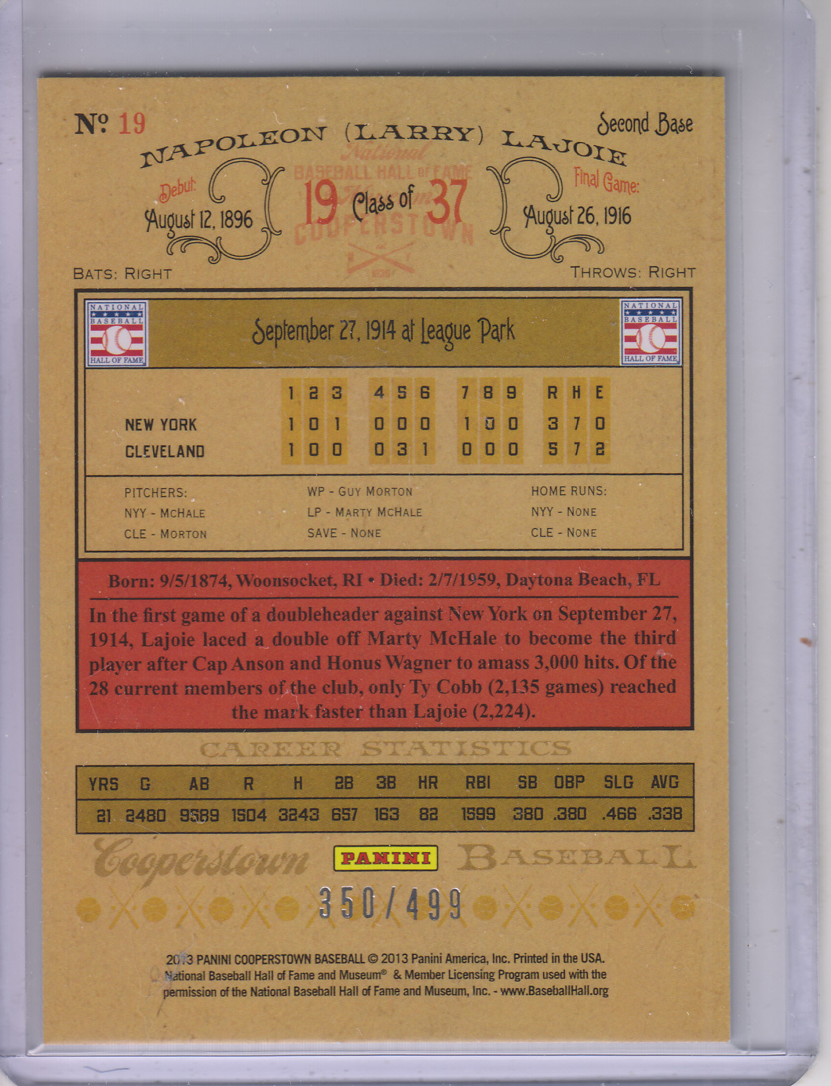 2013 Panini Cooperstown Blue Crystal #19 Nap Lajoie back image