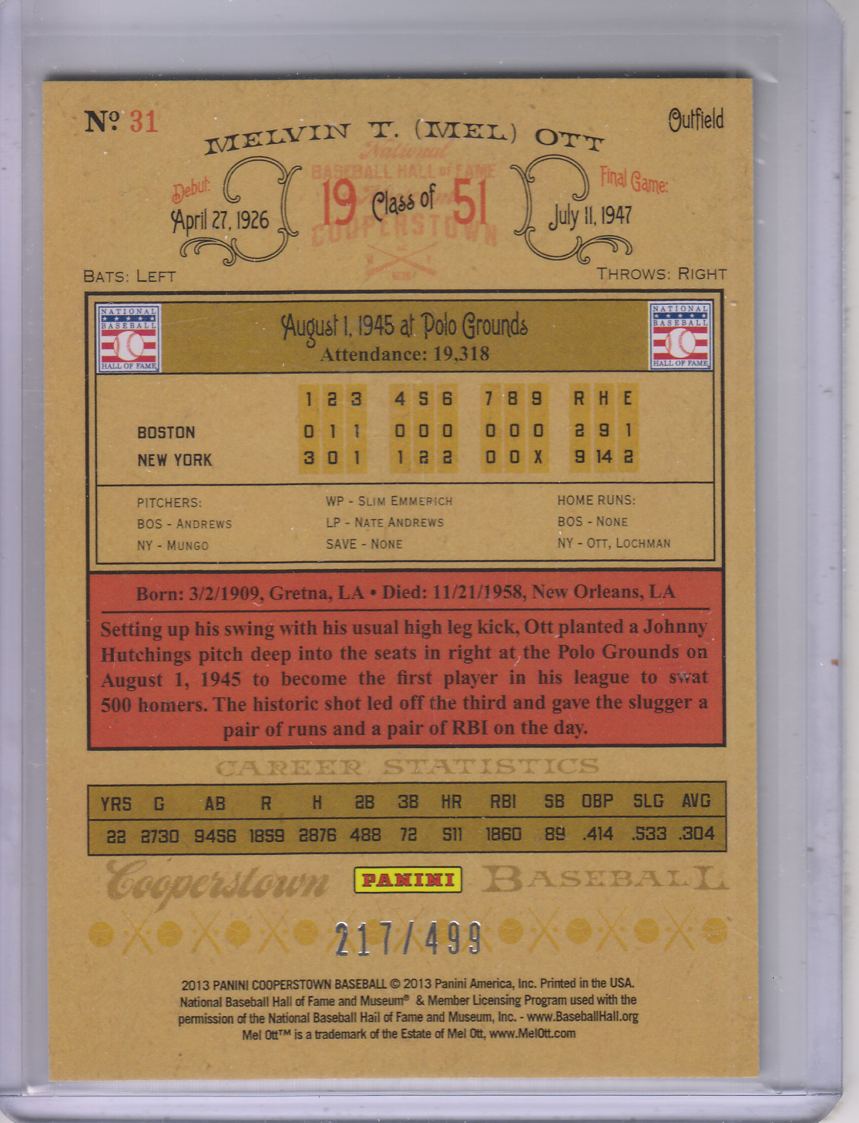 2013 Panini Cooperstown Blue Crystal #31 Mel Ott back image