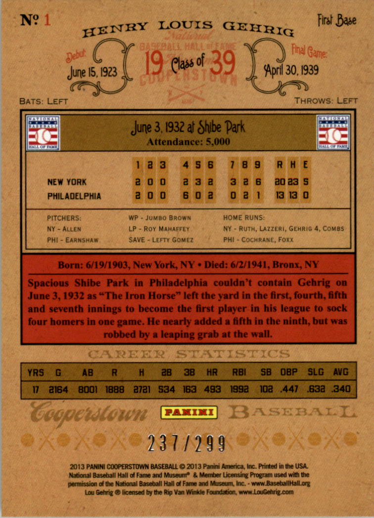 2013 Panini Cooperstown Gold Crystal #1 Lou Gehrig back image