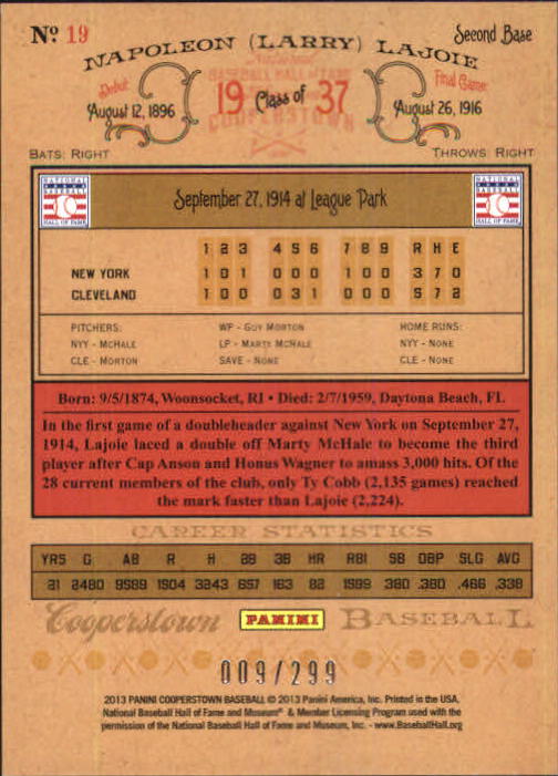 2013 Panini Cooperstown Gold Crystal #19 Nap Lajoie back image