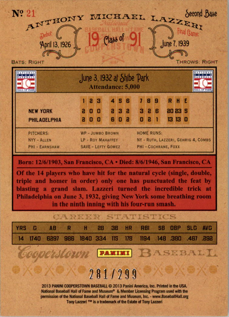 2013 Panini Cooperstown Gold Crystal #21 Tony Lazzeri back image