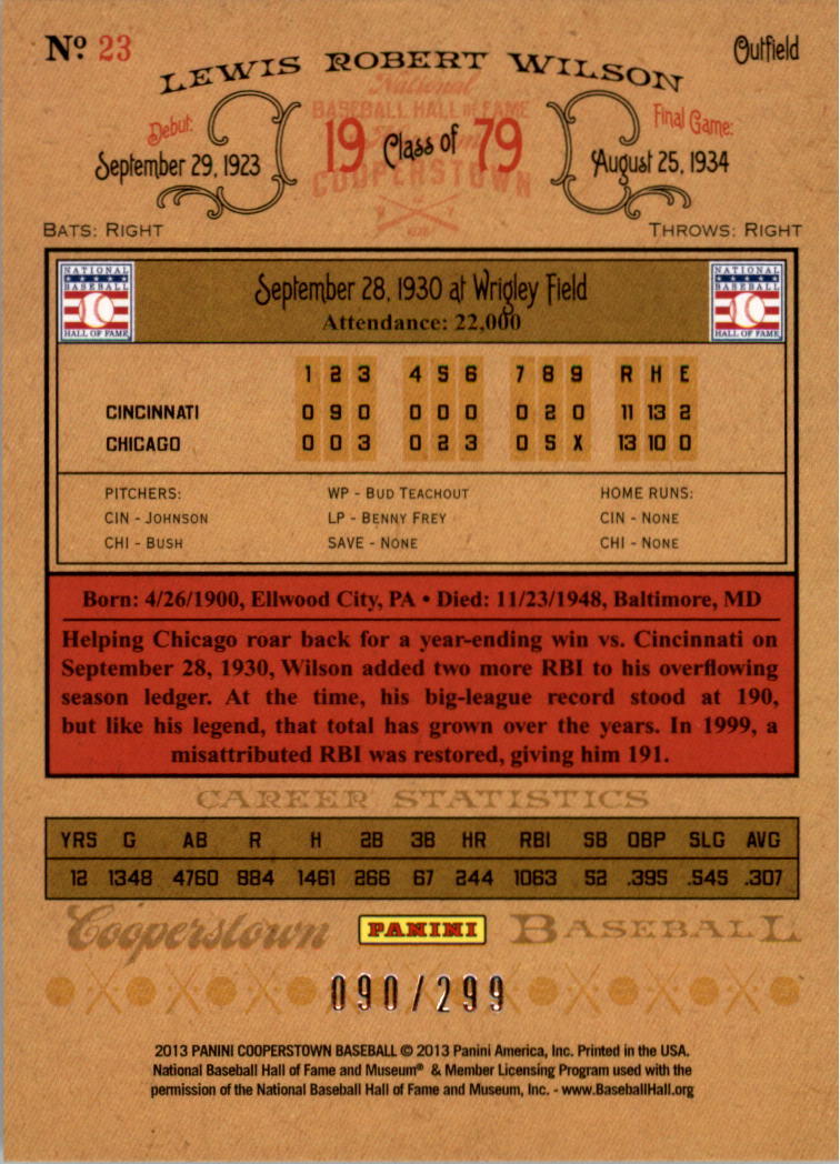 2013 Panini Cooperstown Gold Crystal #23 Hack Wilson back image