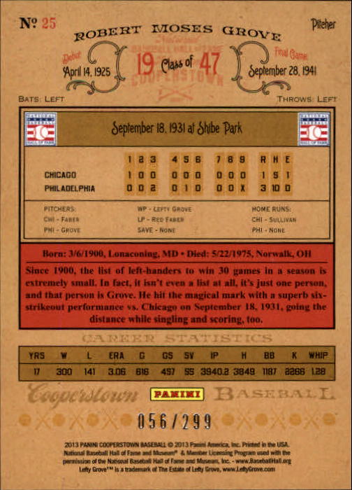 2013 Panini Cooperstown Gold Crystal #25 Lefty Grove back image