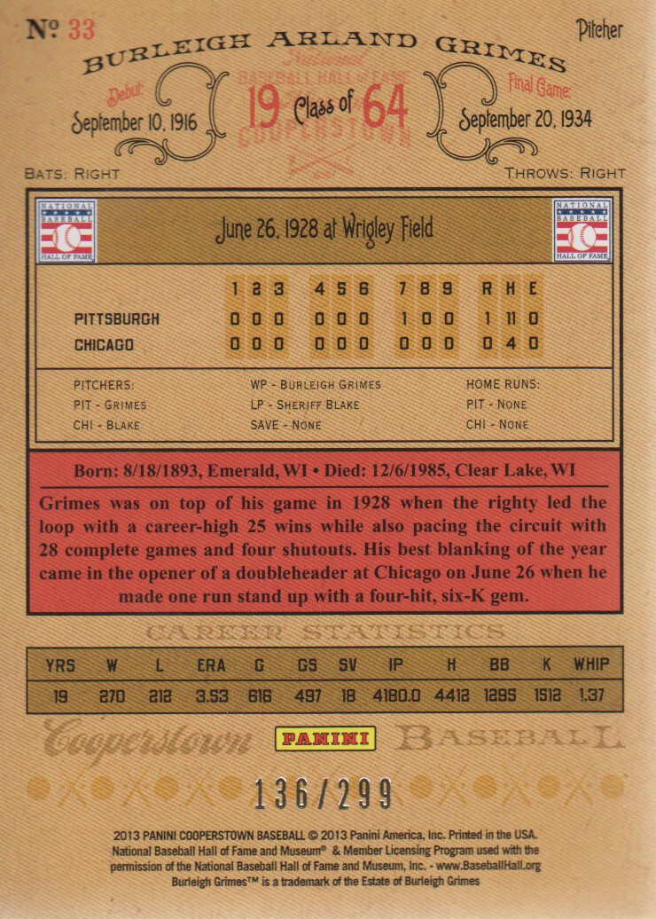 2013 Panini Cooperstown Gold Crystal #33 Burleigh Grimes back image