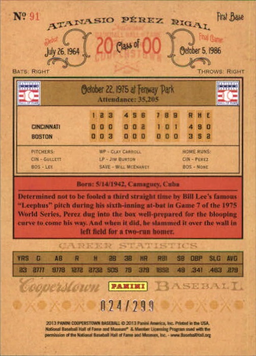 2013 Panini Cooperstown Gold Crystal #91 Tony Perez back image