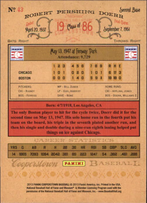 2013 Panini Cooperstown Green Crystal #43 Bobby Doerr back image