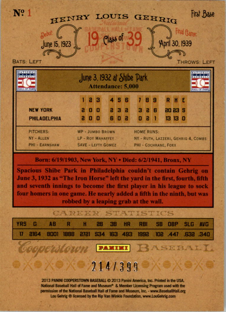 2013 Panini Cooperstown Red Crystal #1 Lou Gehrig back image