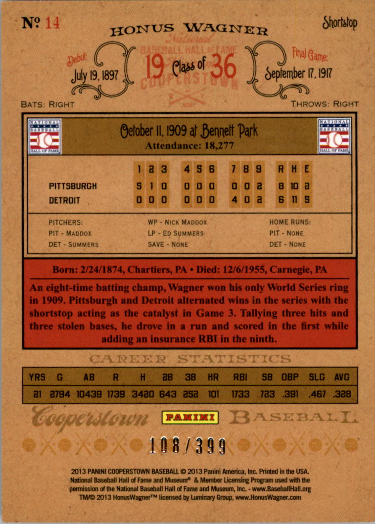 2013 Panini Cooperstown Red Crystal #14 Honus Wagner back image