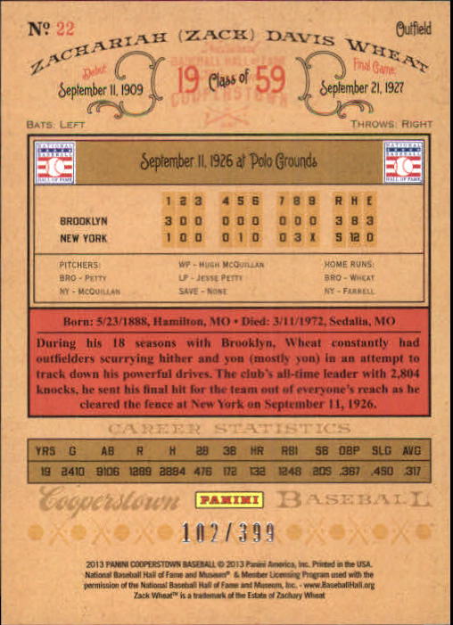 2013 Panini Cooperstown Red Crystal #22 Zack Wheat back image