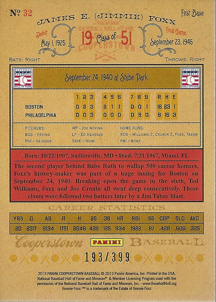 2013 Panini Cooperstown Red Crystal #32 Jimmie Foxx back image
