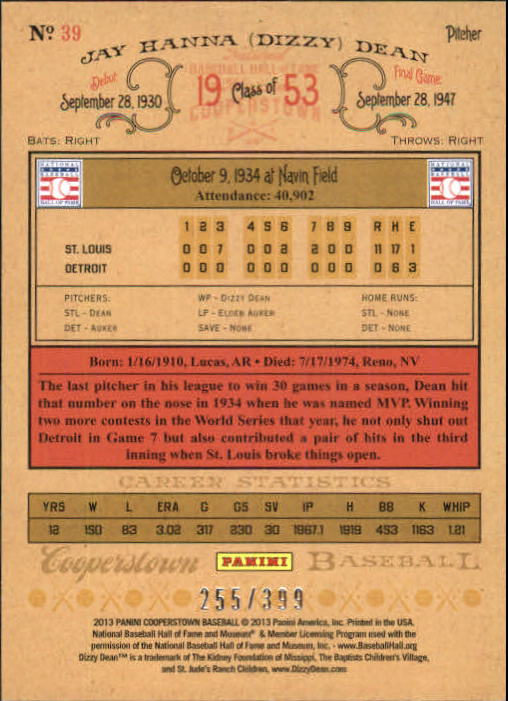 2013 Panini Cooperstown Red Crystal #39 Dizzy Dean back image