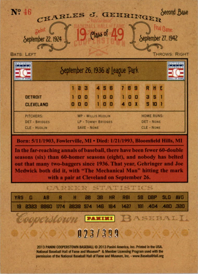 2013 Panini Cooperstown Red Crystal #46 Charlie Gehringer back image