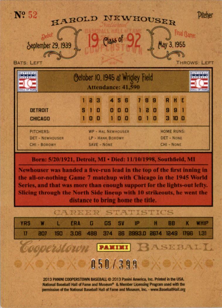 2013 Panini Cooperstown Red Crystal #52 Hal Newhouser back image
