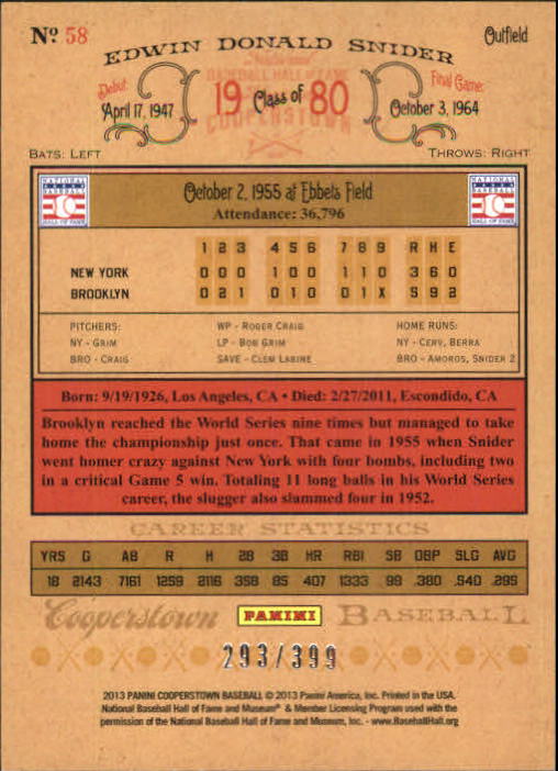 2013 Panini Cooperstown Red Crystal #58 Duke Snider back image