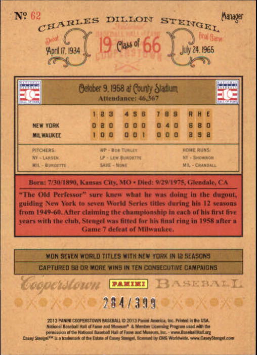 2013 Panini Cooperstown Red Crystal #62 Casey Stengel back image