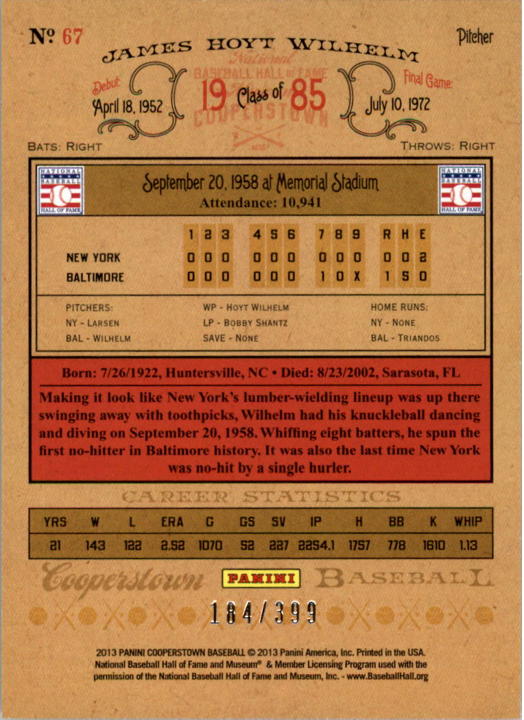 2013 Panini Cooperstown Red Crystal #67 Hoyt Wilhelm back image