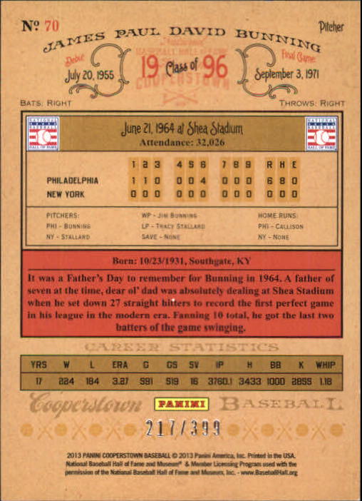 2013 Panini Cooperstown Red Crystal #70 Jim Bunning back image