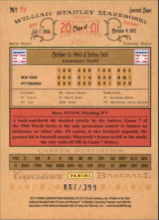 2013 Panini Cooperstown Red Crystal #79 Bill Mazeroski back image
