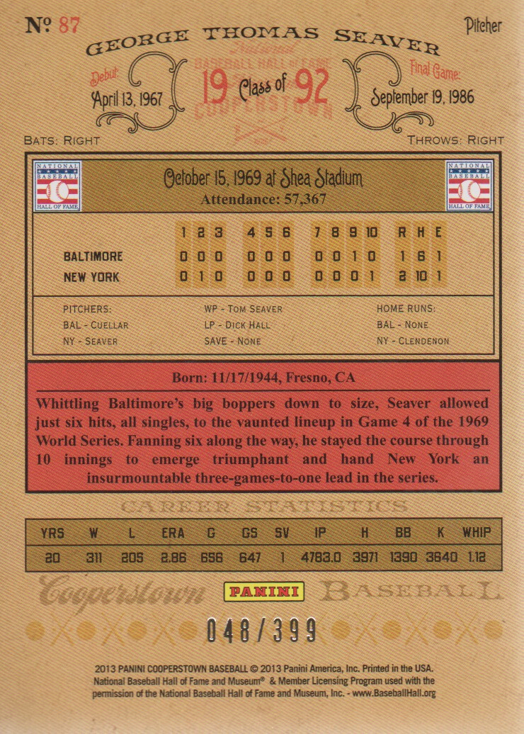 2013 Panini Cooperstown Red Crystal #87 Tom Seaver back image