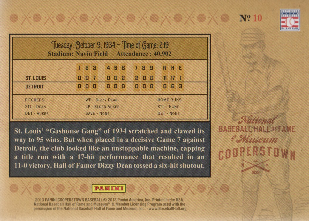 2013 Panini Cooperstown Historic Tickets #10 1934 World Series back image