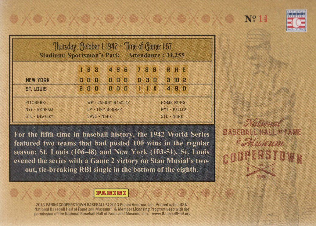 2013 Panini Cooperstown Historic Tickets #14 1942 World Series back image